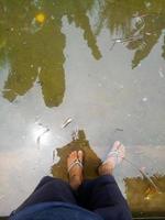 photo of a man's feet soaking in water.