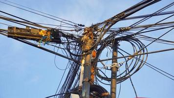 messy arrangement of telephone wires on poles photo
