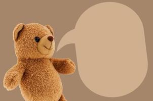 studio photo of brown light bear toy dialog