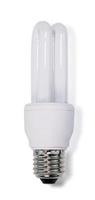 bombilla de ahorro de energía blanca, bombilla de luz iluminada, bombilla cfl, imagen fotográfica realista sobre fondo blanco foto