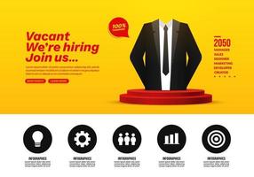 We are hring banner with businessman suit, Job vacancy and Recruitment concept with business infographic icons vector