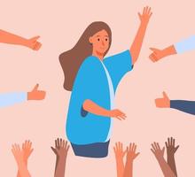 Happy young woman is standing and she is surrounded by hands with thumbs up. vector