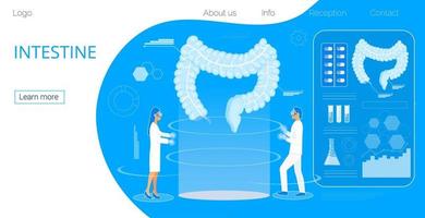 Intestine hologram health care concept, doctors treat dysbiosis, perform x ray scan. vector