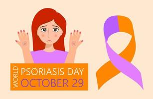 día mundial de la psoriasis el 29 de octubre. Se muestran una linda chica triste y una cinta naranja violeta. vector