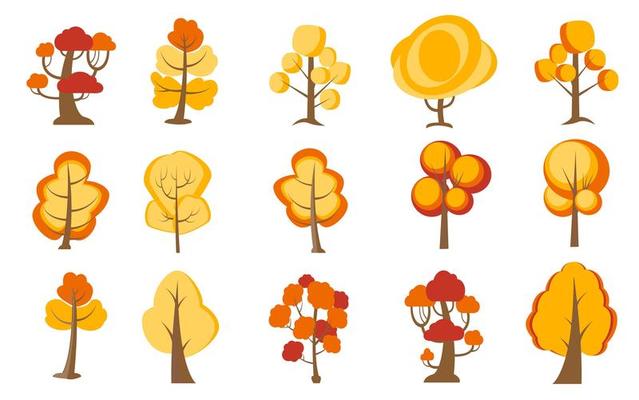 Big set of cartoon trees. Yellow, orange plants with for vegetation spring and autumn backyard