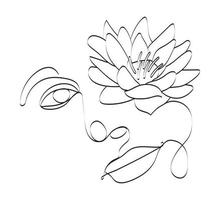 Boho women face vector. Surreal portrait, girl face with lotus, chrysanthemum, lily flowers in continuous line style. vector