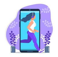 Digital detox. Young woman character runs out of the mobile phone screen. Girl steps out mobile device and jogs. Millennial user. Internet opt-out, trendy vector illustration