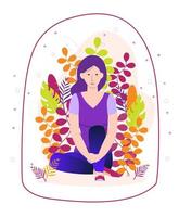 Introvert is sitting and immersed in his inner spiritual world on a floral background. Transparent dome is metaphor. Introverted girl character in cartoon style. vector