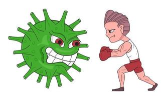 boxeador lucha contra el virus del peligro. vector de microbios de coronavirus en estilo de dibujos animados.