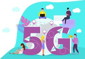 5G network wireless concept vector. Big letters 5g are shown on blue background. vector