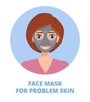 máscara facial para el concepto de vector de piel problemática. Se muestra linda chica con arcilla y tratamientos.