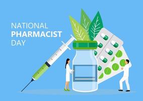 National Pharmacist Day is celebrated in January 12. Doctor of pharmacy is working in drugstore and standing near medicine pills, bottle. Staff helps to choose medicaments. Healthcare concept vector