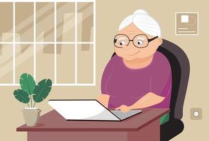 Grandma with laptop vector. Cute cartoon senior woman is surfing in Internet. Home office and video conference vector