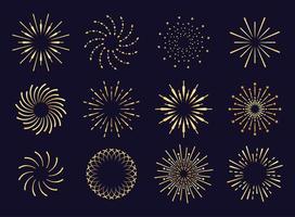Starburst, firework shadow golden icon vector. Radiating from the center of straight and spiral beams, lines. Set of simple elements for logo, signs. Firework, pyrotechnics