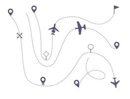 Airplane line path vector icons of air plane flight route with start point.