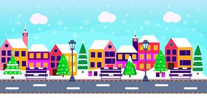 Winter park panorama background vector. In snowy city public garden, square, plaza with firs, gingerbread house vector