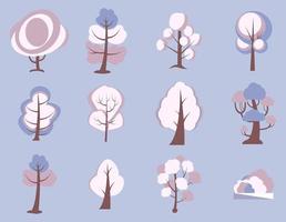 gran conjunto de árboles de dibujos animados. Plantas blancas, moradas y rosadas con vegetación, invierno, jardín, paisaje, madera. vector