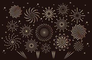 Fireworks or pyrotechnics on dark brown background. Golden spiral firecracker with sparkles, stars in night sky.