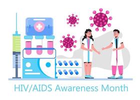 HIV and AIDS Awareness Month in December. Experts found immunodeficiency virus. Tiny doctors check donor blood vector