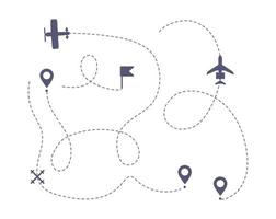 Airplane line path vector icons of air plane flight route with start point.