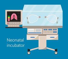 Incubadora infantil y cuidados intensivos neonatales con sensor de oxígeno de temperatura del aire y humedad para bebés enfermos. vector de concepto de neurología. equipo de reanimación para la enfermería prematura