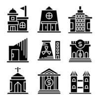 iconos de banco, iglesia y edificio de oficinas vector