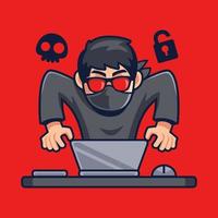 Hacker operate the laptop cartoon illustration vector