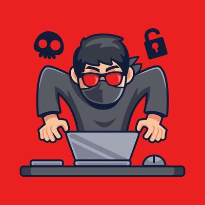 Hacker operate the laptop cartoon illustration