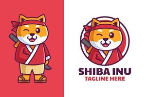 shiba inu en ropa samurai diseño de logotipo de dibujos animados vector