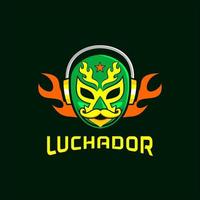 mexican mask lucadhor with fire headset logo design vector