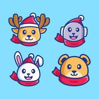 collection of cartoon animal head winter season vector