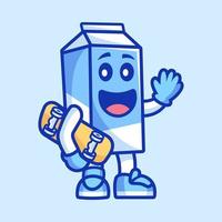 personaje de dibujos animados de leche sosteniendo una patineta vector