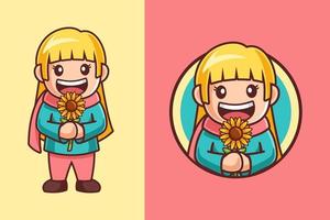 niña de dibujos animados sosteniendo un girasol vector