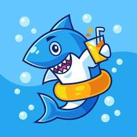 tiburón nadador de dibujos animados beber vaso de naranja