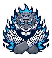 luchador tigre con ilustración de fuego azul vector