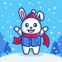 happy rabbit in snowfall winter season vector
