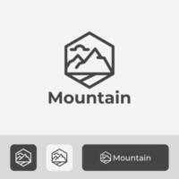 Logotipo de montaña de estilo de arte lineal con marco hexagonal, diseño simple y minimalista vector