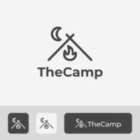 Simple and Clean Camping Logo Design Vector Illustration, Modern Line Art Style, With Moon Icon, Tent, and Fire