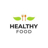 diseño de vector de logotipo de comida saludable con ilustración de icono de hoja verde natural, tenedor y cuchara