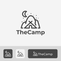 Camping Logo Design With Tent Icon Element Combination, Mountain, and Crescent Moon, Simple Vector Symbol in Line Art Style