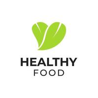 Diseño de vector de logotipo de comida saludable con ilustración de icono de hoja en forma de corazón con color verde fresco natural