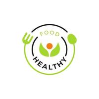 Diseño de vector de logotipo de comida saludable con ilustración de icono de hoja verde fresca natural, cuchara, tenedor con marco de círculo