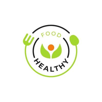 Healthy Food Logo Vector Design With Natural Fresh Green Leaf Icon Illustration, Spoon, Fork With Circle Frame