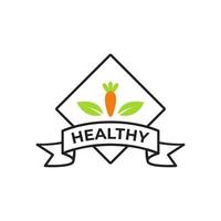 Healthy Food Logo Vector Design With Green Leaf and Carrot Icon Illustration in Box Frame With Ribbon to Put Text