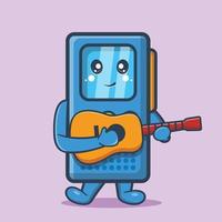 Mascota de personaje de grabadora de voz tocando la guitarra dibujos animados aislados en estilo plano vector