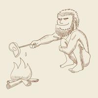 Line art illustration of a caveman cooking meat on fire vector