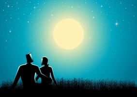 Couple sitting on grass watching the full moon vector