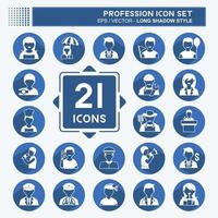 Profession Icon Set in trendy long shadow style isolated on soft blue background vector