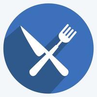 icono de tenedor y cuchillo en el moderno estilo de sombra larga aislado sobre fondo azul suave vector