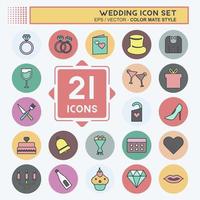 Wedding Icon Set in trendy color mate style isolated on soft blue background vector